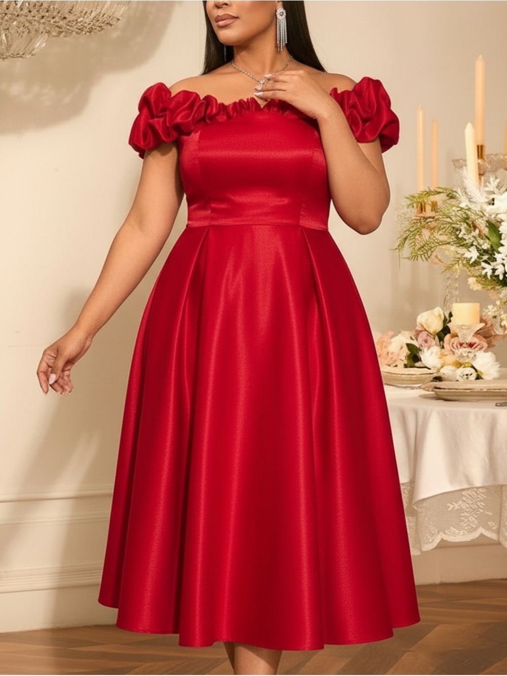Elegant Plus Size Red Off-Shoulder Ruffle-Sleeve A-Line Dress